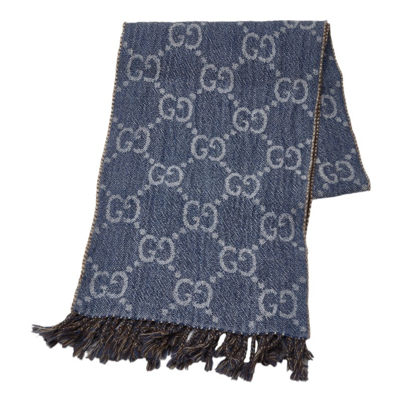 グッチ ロゴ マフラー 676610 ブルー ウール レディース GUCCI 【中古】