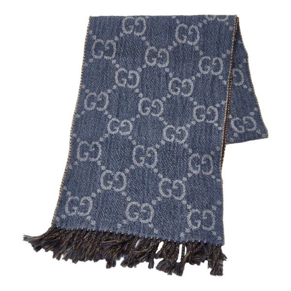 グッチ ロゴ マフラー 676610 ブルー ウール レディース GUCCI 【中古】