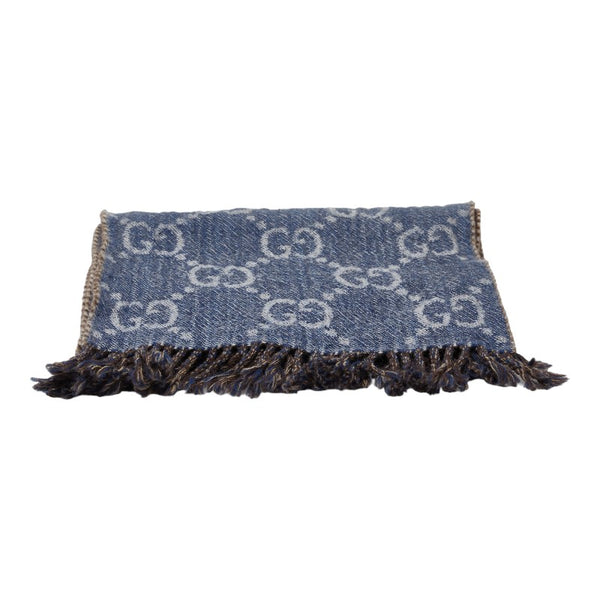 グッチ ロゴ マフラー 676610 ブルー ウール レディース GUCCI 【中古】