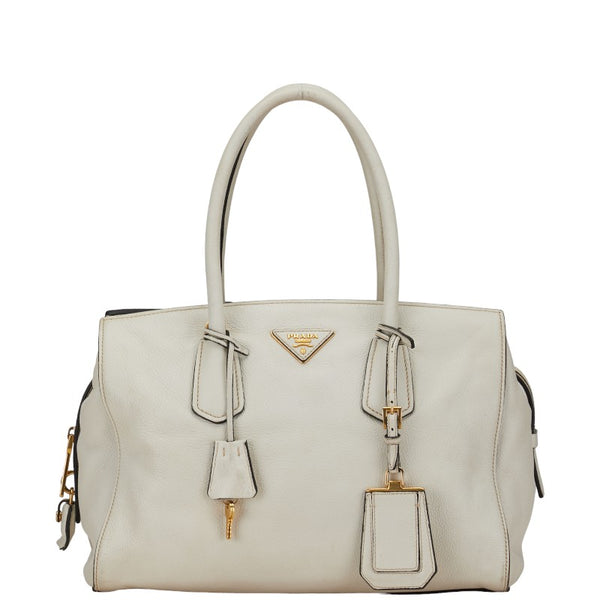 プラダ 三角ロゴプレート トートバッグ ホワイト レザー レディース PRADA 【中古】