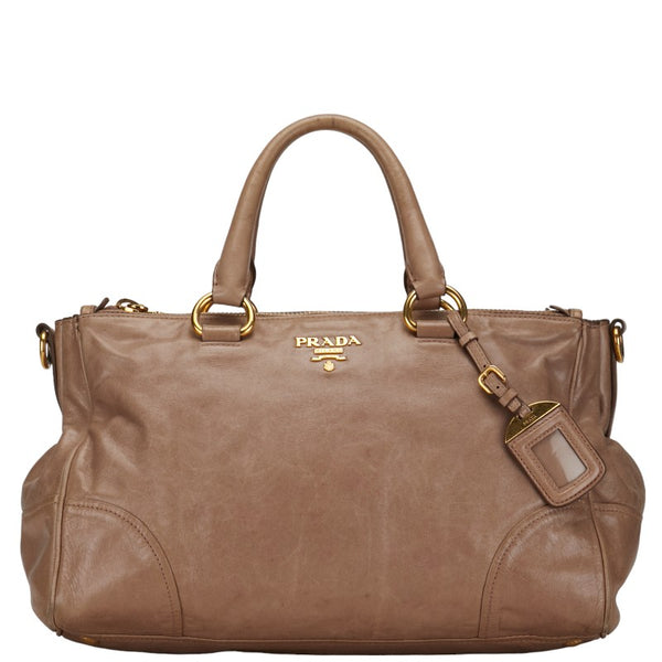 プラダ ロゴ ゴールド金具 トートバッグ ショルダーバッグ 2WAY ベージュ レザー レディース PRADA 【中古】