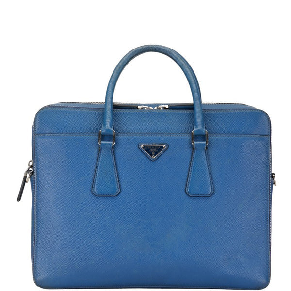 プラダ 三角ロゴプレート サフィアーノ ビジネスバッグ ブリーフケース 書類カバン ブルー レザー レディース PRADA 【中古】