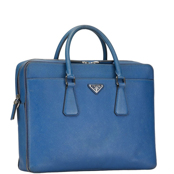 プラダ 三角ロゴプレート サフィアーノ ビジネスバッグ ブリーフケース 書類カバン ブルー レザー レディース PRADA 【中古】