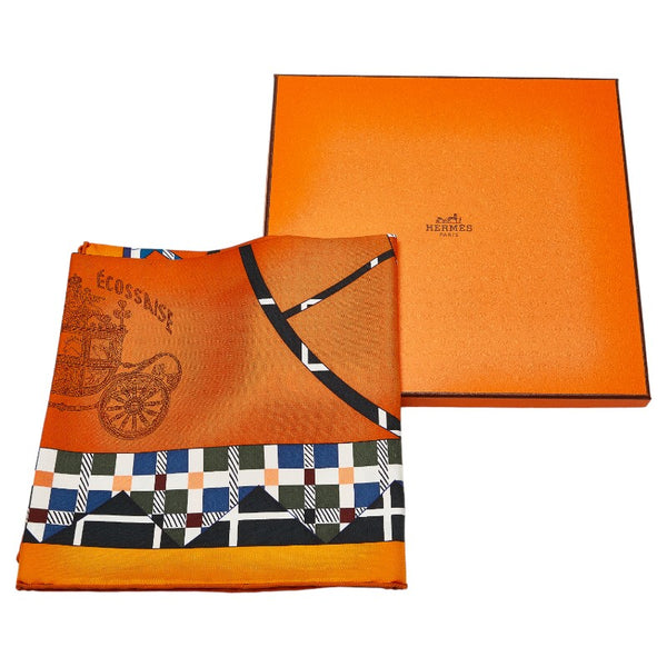 エルメス カレ90 Balade Ecossaise スコットランドのバラード スカーフ オレンジ ネイビー マルチカラー シルク レディース HERMES 【中古】