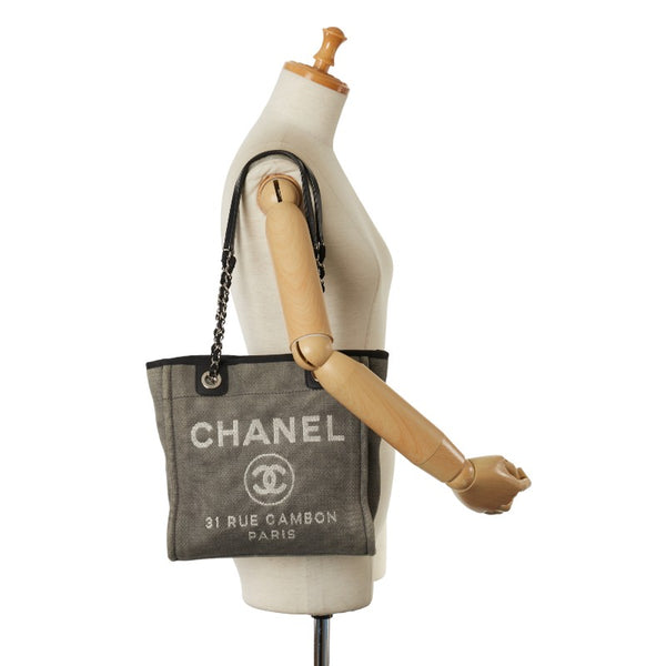 シャネル ココマーク ロゴ ドーヴィルPM チェーントートバック グレー キャンバス レザー レディース CHANEL 【中古】