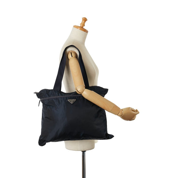 プラダ 三角ロゴプレート ハンドバッグ トートバッグ ネイビー ナイロン レザー レディース PRADA 【中古】