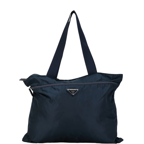 プラダ 三角ロゴプレート ハンドバッグ トートバッグ ネイビー ナイロン レザー レディース PRADA 【中古】