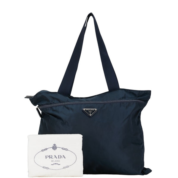 プラダ 三角ロゴプレート ハンドバッグ トートバッグ ネイビー ナイロン レザー レディース PRADA 【中古】