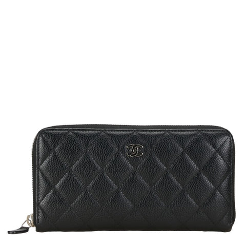 シャネル ココマーク ラウンドファスナー 長財布 AP0242 ブラック シルバー キャビアスキン レディース CHANEL 【中古】