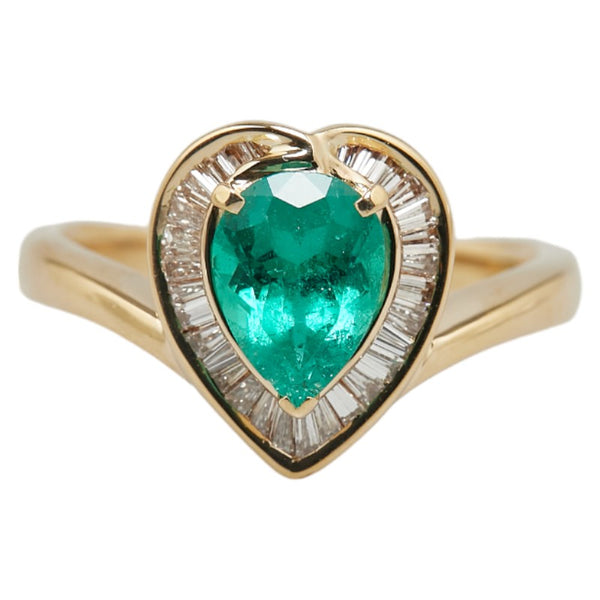K18YG イエローゴールド エメラルド1.37ct ダイヤ0.55ct ハート モチーフ リング 指輪 レディース 17号 【中古】