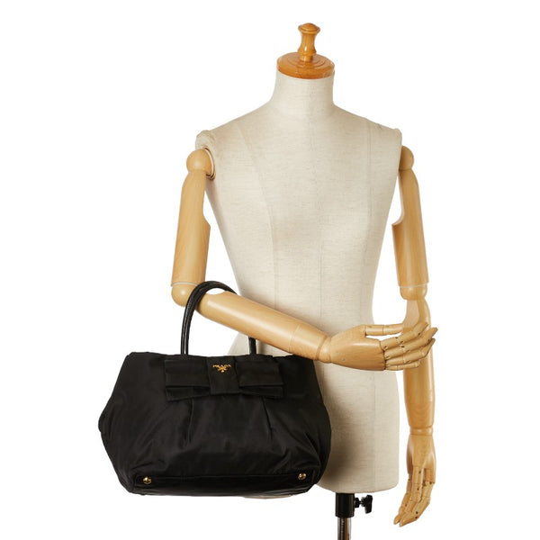 プラダ リボン テスート ハンドバッグ BN1601 ブラック ナイロン レザー レディース PRADA 【中古】
