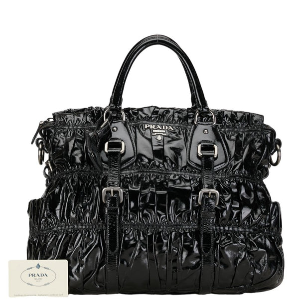 プラダ ギャザー ハンドバッグ トートバッグ BN1336 ブラック エナメル レディース PRADA 【中古】