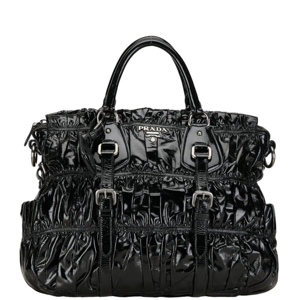 プラダ ギャザー ハンドバッグ トートバッグ BN1336 ブラック エナメル レディース PRADA 【中古】