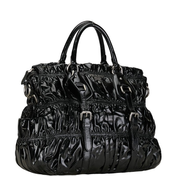 プラダ ギャザー ハンドバッグ トートバッグ BN1336 ブラック エナメル レディース PRADA 【中古】