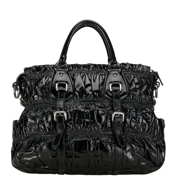 プラダ ギャザー ハンドバッグ トートバッグ BN1336 ブラック エナメル レディース PRADA 【中古】