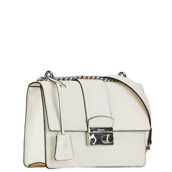 プラダ サフィアーノ スライドロック チェーン ショルダーバッグ 1BD034 ホワイト レザー レディース PRADA 【中古】