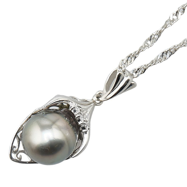 Pt900 プラチナ Pt850 プラチナ ブラックパール約10mm ダイヤ0.04ct ネックレス レディース 【中古】