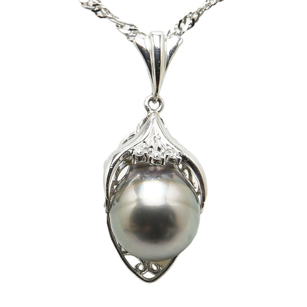 Pt900 プラチナ Pt850 プラチナ ブラックパール約10mm ダイヤ0.04ct ネックレス レディース 【中古】