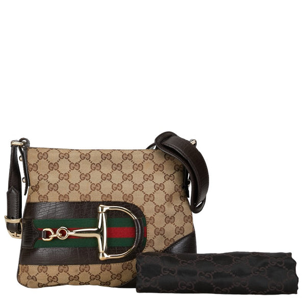 グッチ GGキャンバス ホースビット シェリーライン 斜め掛け ショルダーバッグ 141506 ベージュ ブラウン キャンバス レザー レディース GUCCI 【中古】