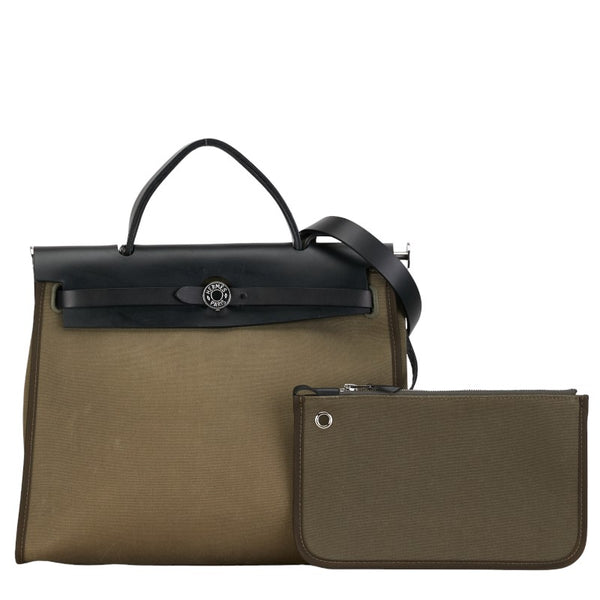 エルメス エールバッグジップPM ハンドバッグ ショルダーバッグ カーキ ブラック トワルオフィシエ レザー レディース HERMES 【中古】
