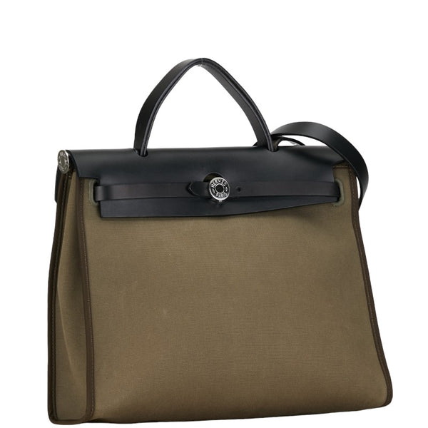 エルメス エールバッグジップPM ハンドバッグ ショルダーバッグ カーキ ブラック トワルオフィシエ レザー レディース HERMES 【中古】