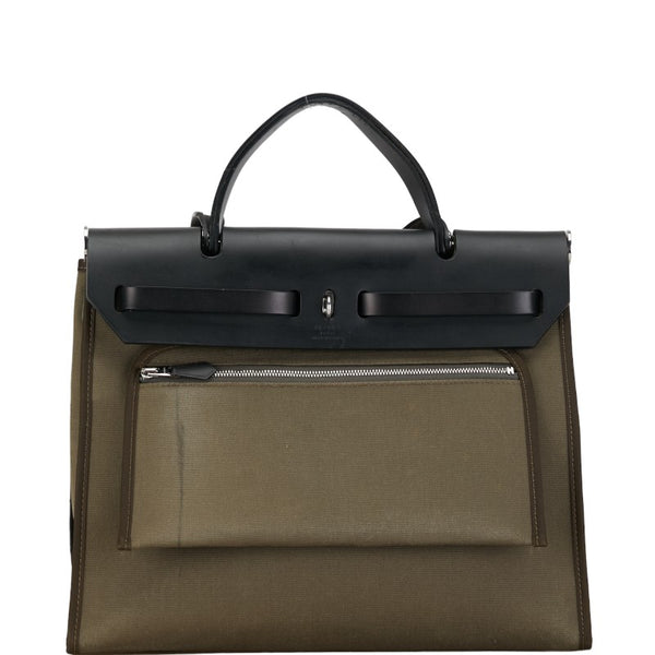 エルメス エールバッグジップPM ハンドバッグ ショルダーバッグ カーキ ブラック トワルオフィシエ レザー レディース HERMES 【中古】