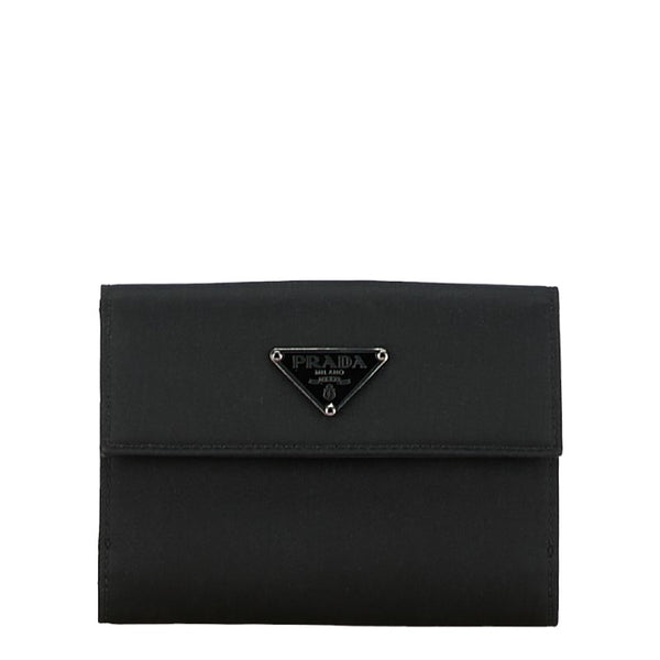 プラダ 三角ロゴプレート 二つ折り財布 ブラック ナイロン レザー レディース PRADA 【中古】