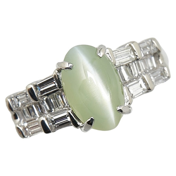 シルバー グリーン Pt900 プラチナ キャッツアイ3.12ct ダイヤ0.61ct リング 指輪 レディース 10.5号 【中古】