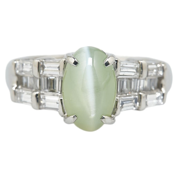 シルバー グリーン Pt900 プラチナ キャッツアイ3.12ct ダイヤ0.61ct リング 指輪 レディース 10.5号 【中古】
