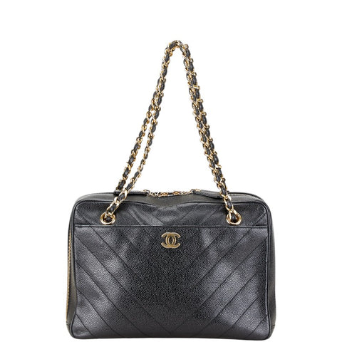 ココマーク Vステッチ ダブルフラップ チェーン ショルダーバッグ ブラック キャビアスキン レディース 【中古】