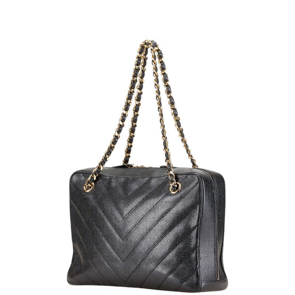 ココマーク Vステッチ ダブルフラップ チェーン ショルダーバッグ ブラック キャビアスキン レディース 【中古】