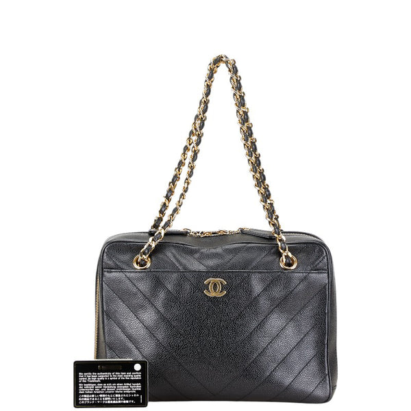 ココマーク Vステッチ ダブルフラップ チェーン ショルダーバッグ ブラック キャビアスキン レディース 【中古】