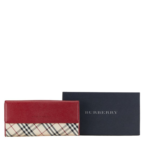 バーバリー ノバチェック 長財布 三つ折り財布 ベージュ レッド レザー キャンバス レディース BURBERRY 【中古】