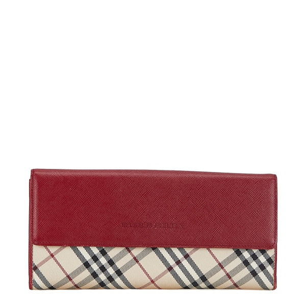 バーバリー ノバチェック 長財布 三つ折り財布 ベージュ レッド レザー キャンバス レディース BURBERRY 【中古】