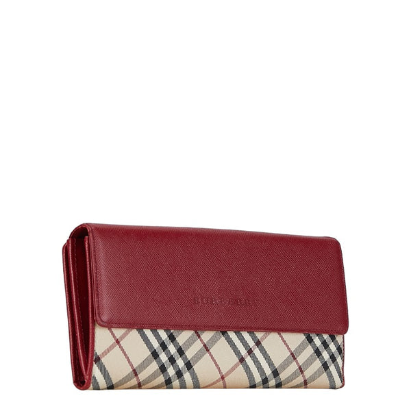バーバリー ノバチェック 長財布 三つ折り財布 ベージュ レッド レザー キャンバス レディース BURBERRY 【中古】