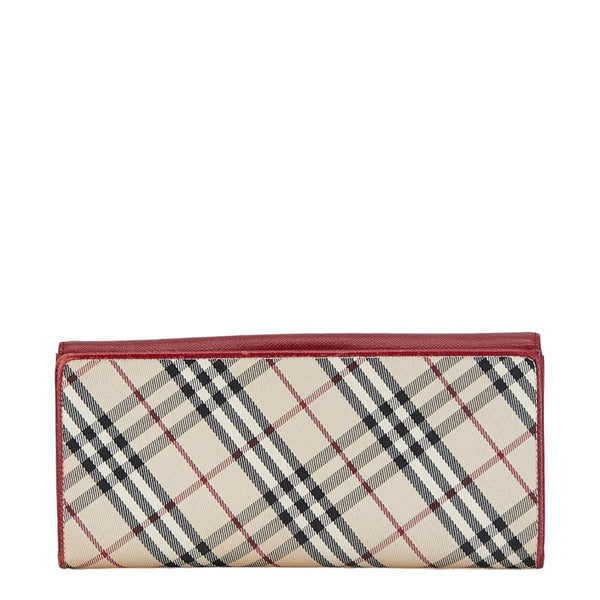 バーバリー ノバチェック 長財布 三つ折り財布 ベージュ レッド レザー キャンバス レディース BURBERRY 【中古】