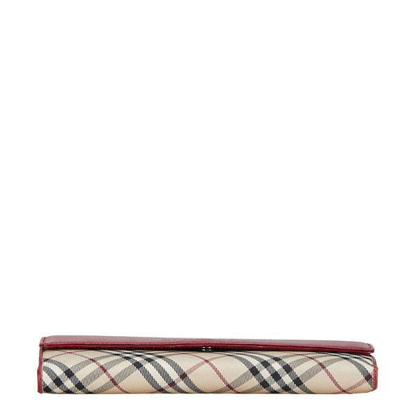 バーバリー ノバチェック 長財布 三つ折り財布 ベージュ レッド レザー キャンバス レディース BURBERRY 【中古】