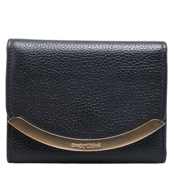 シーバイクロエ 二つ折り財布 コンパクトウォレット ブラック ゴールド レザー レディース SEE BY CHLOE 【中古】