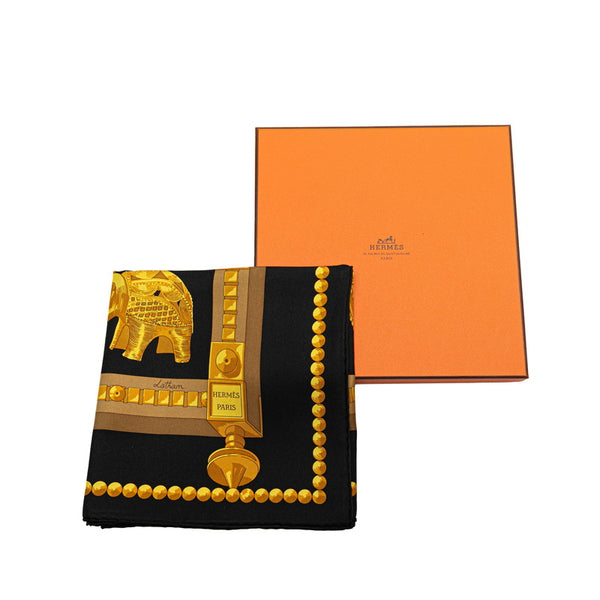 エルメス カレ90 CUILLERS DAFRIQUE 象 スカーフ ブラック マルチカラー シルク レディース HERMES 【中古】