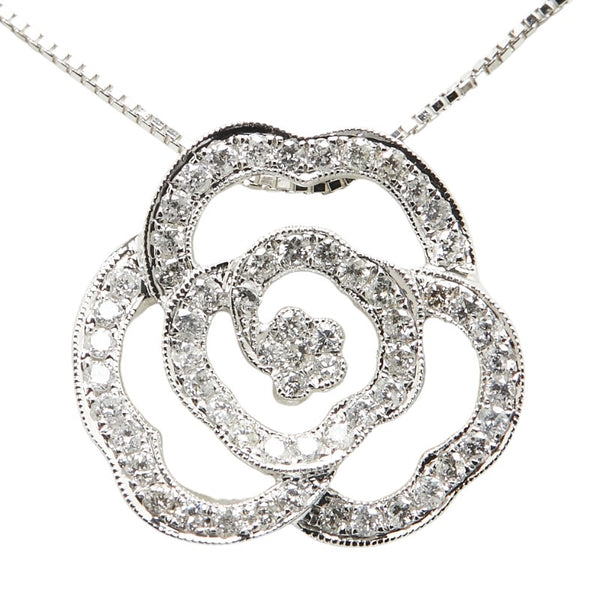 K18WG ホワイトゴールド ダイヤ0.58ct ローズ バラ 薔薇 モチーフ ペンダントネックレス レディース 【中古】