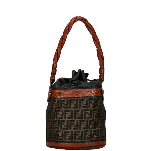 フェンディ ズッカ バケツ型 ハンドバッグ ショルダーバッグ ブラウン ブラック キャンバス レザー レディース FENDI 【中古】