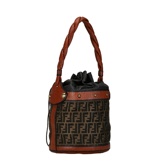 フェンディ ズッカ バケツ型 ハンドバッグ ショルダーバッグ ブラウン ブラック キャンバス レザー レディース FENDI 【中古】