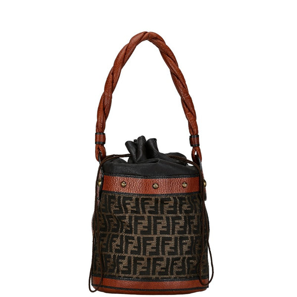 フェンディ ズッカ バケツ型 ハンドバッグ ショルダーバッグ ブラウン ブラック キャンバス レザー レディース FENDI 【中古】