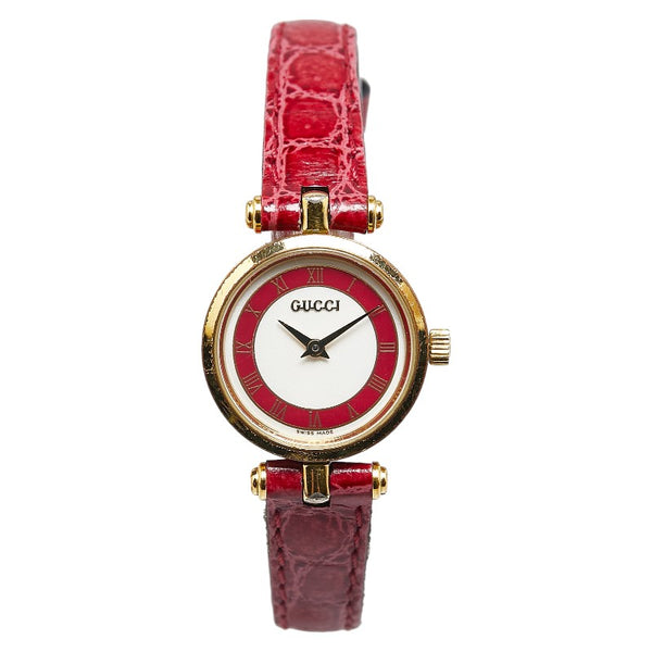 グッチ シェリーライン 腕時計 16110307 クオーツ ホワイト レッド文字盤 メッキ レザー レディース GUCCI 【中古】