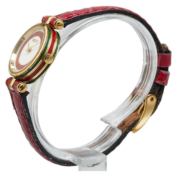 グッチ シェリーライン 腕時計 16110307 クオーツ ホワイト レッド文字盤 メッキ レザー レディース GUCCI 【中古】