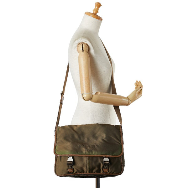 プラダ 三角ロゴプレート 斜め掛け ショルダーバッグ VA0768 カーキ ブラウン ナイロン レザー レディース PRADA 【中古】