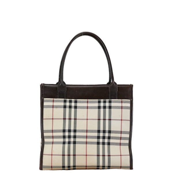 バーバリー ノバチェック ハンドバッグ ブラウン ベージュ キャンバス レザー レディース BURBERRY 【中古】
