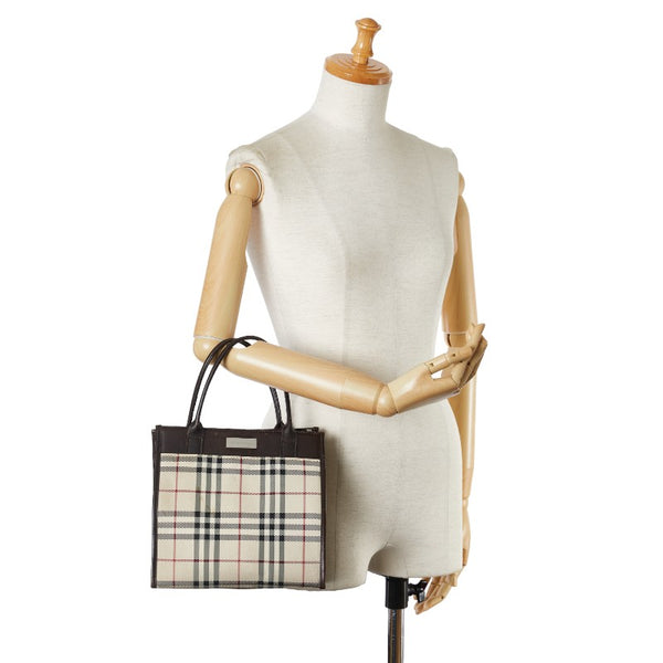 バーバリー ノバチェック ハンドバッグ ブラウン ベージュ キャンバス レザー レディース BURBERRY 【中古】