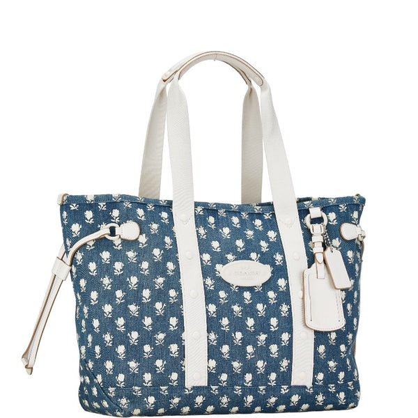 コーチ フラワー 花 モチーフ ハンドバッグ トートバッグ ブルー ホワイト デニム レザー レディース COACH 【中古】
