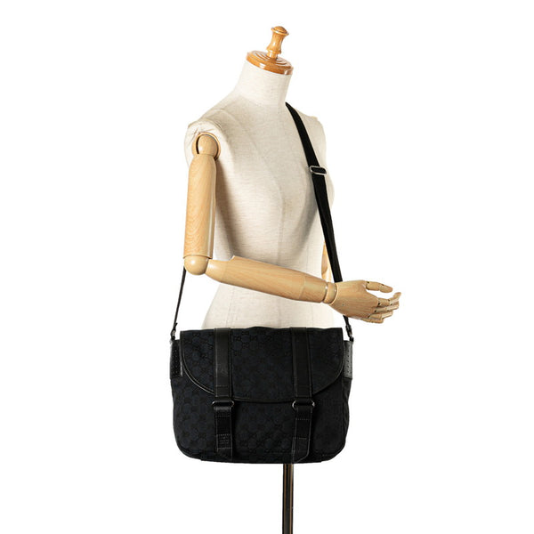 グッチ GGキャンバス 斜め掛け ショルダーバッグ メッセンジャーバッグ 145859 ブラック キャンバス レザー レディース GUCCI 【中古】